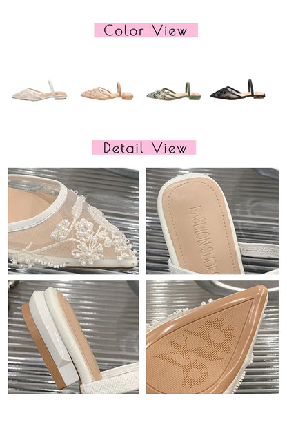 Pearl Bead Embroidery Lace Slingback Shoes Woman Luxury Floral Silk Gauze Low Heel Mules Ladies Elegant Evening Party Dress Shoe