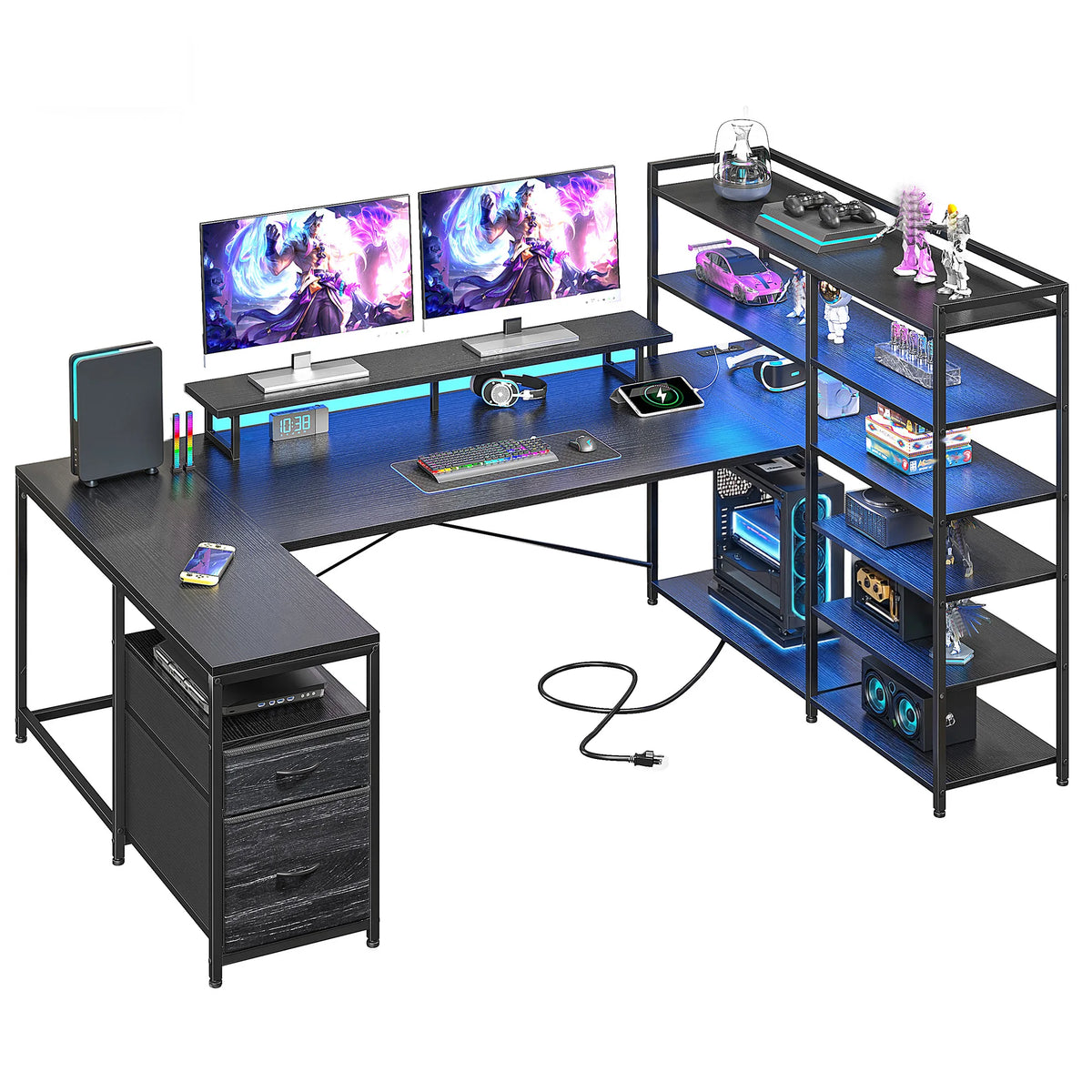 Computer Desk with 6 Storage Shelves & Fabric Drawers 63"L Shaped Gaming Desk with Power Outlet, LED Strip & Monitor Stand