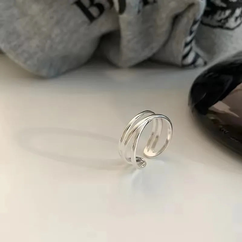 VENTFILLE 925 Sterling Silver Geometric Multilayer Round Bead Ring Female Fashion Punk Temperament Prevent Allergy Charm Jewelry