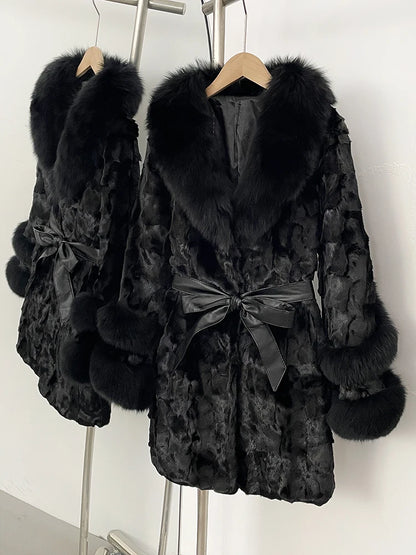 OFTBUY New Winter Thickened Warm Clothes Female Mid-length Leather Belt Real Mink Fur Coat Women Black Natural Fox Fur Jacket