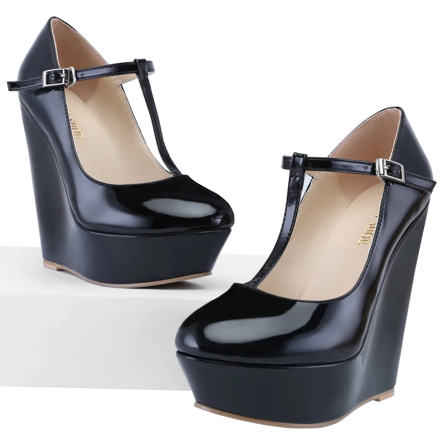 Women Pumps 2026 New Autumn Winter 14cm Round Toes Platform Wedge High Heels T-Strap Gladiator Ladies Dress Party Wedding Shoes
