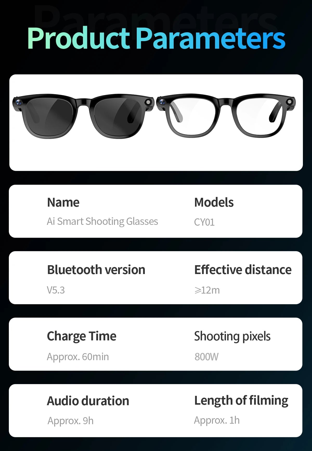 Smart Glasses CY01 8MP Camera 32GB Memory Bluetooth Calls ChatGPT DeepSeek Apps Voice Wake Music Player