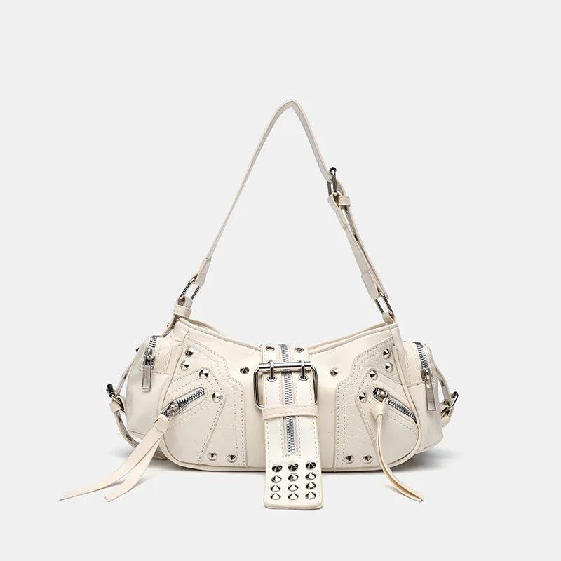 Women's Y2k Punk Vintage Shoulder Purse PU Leather Gothic Rivet Handbag Waist Bag Luxury Black Cross Body Bags with Spikes