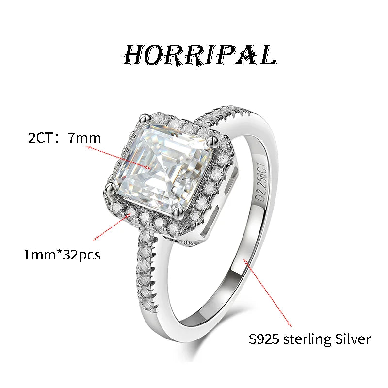 HORRIPAL High Quality Ascher Cut Moissanite Ring for Women 925 Sterling Silver GRA Wedding Engagement Shiny Classic Fine Jewelry