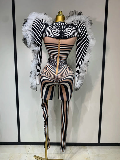 Women Long Sleeve Zebra Stripes Bodycon Jumpsuit Two Piece Set Birthday Party Nightclub Stage Performance Halloween Rompers
