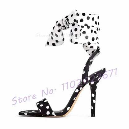 Polka Dots Lace Up Sandals With High Heels Women Sexy Two Tone Elegant Shoes Office Lady Luxury Party Stiletto Dress Sandals
