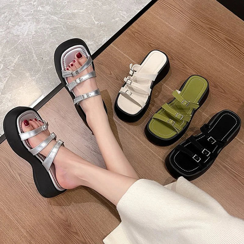 Women Thicken Soled Buckle Strap Sandals Platform High Heel Shoes Ladies Cut-Out Slippers Open Toe Flipflops Silver Beach Slides