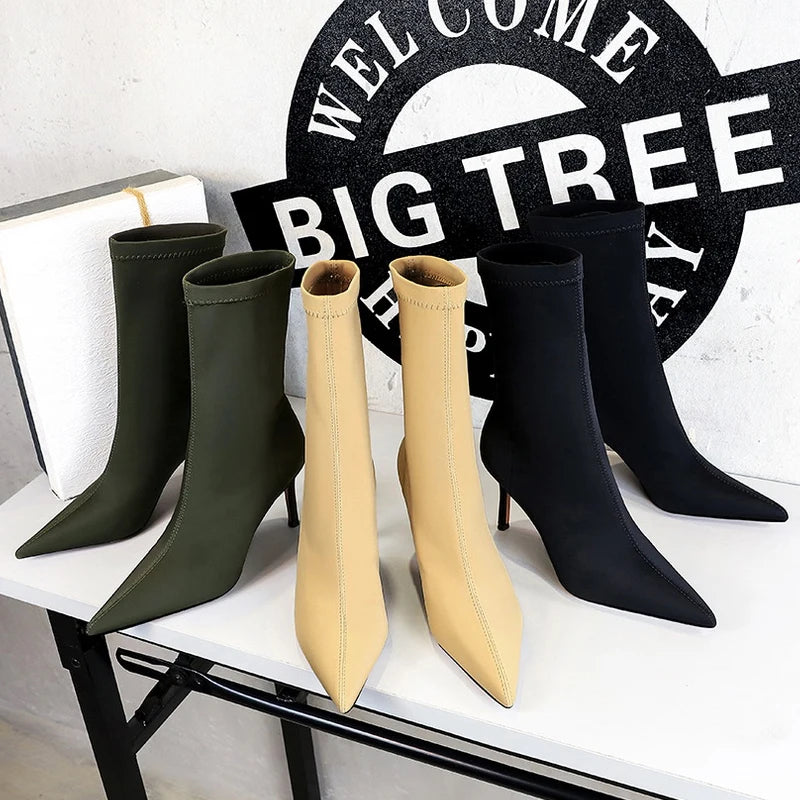 BIGTREE Shoes Stiletto Sexy Elastic Boots Women Shoes Sexy Stretch Fabric Ankle Boots Pointed Tip High Heels Boots Plus Size 43