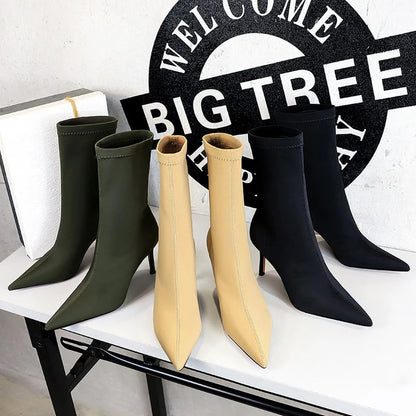 BIGTREE Shoes Stiletto Sexy Elastic Boots Women Shoes Sexy Stretch Fabric Ankle Boots Pointed Tip High Heels Boots Plus Size 43