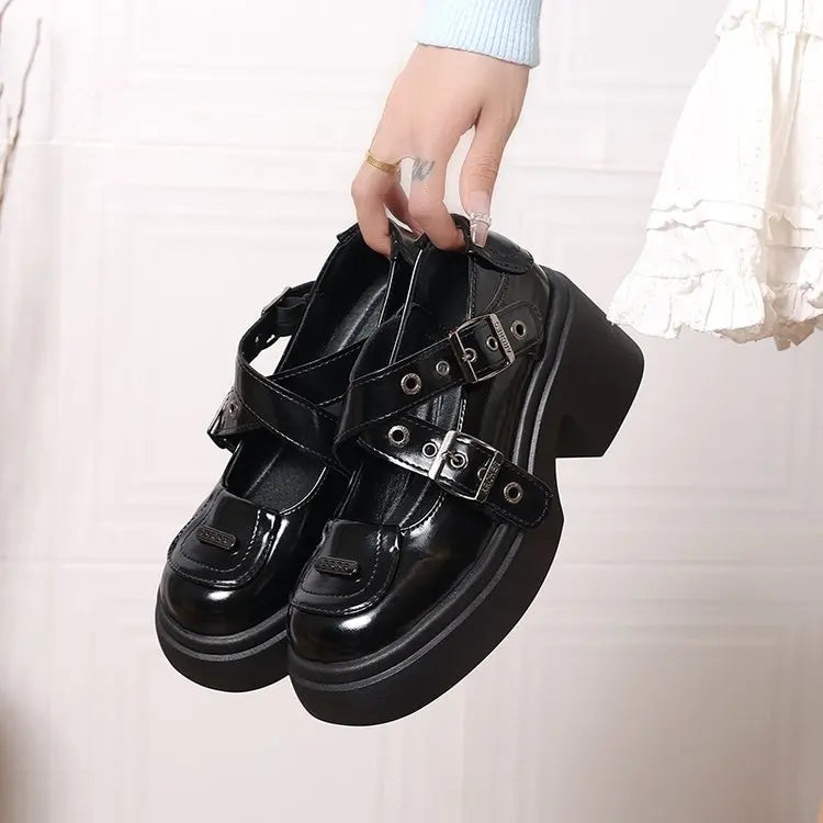 Mary Jane Shoes 2026 New Punk Metal Block Heel Platform Women's Shallow Mouth Buckle Single Shoes