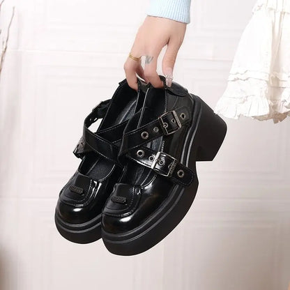 Mary Jane Shoes 2026 New Punk Metal Block Heel Platform Women's Shallow Mouth Buckle Single Shoes