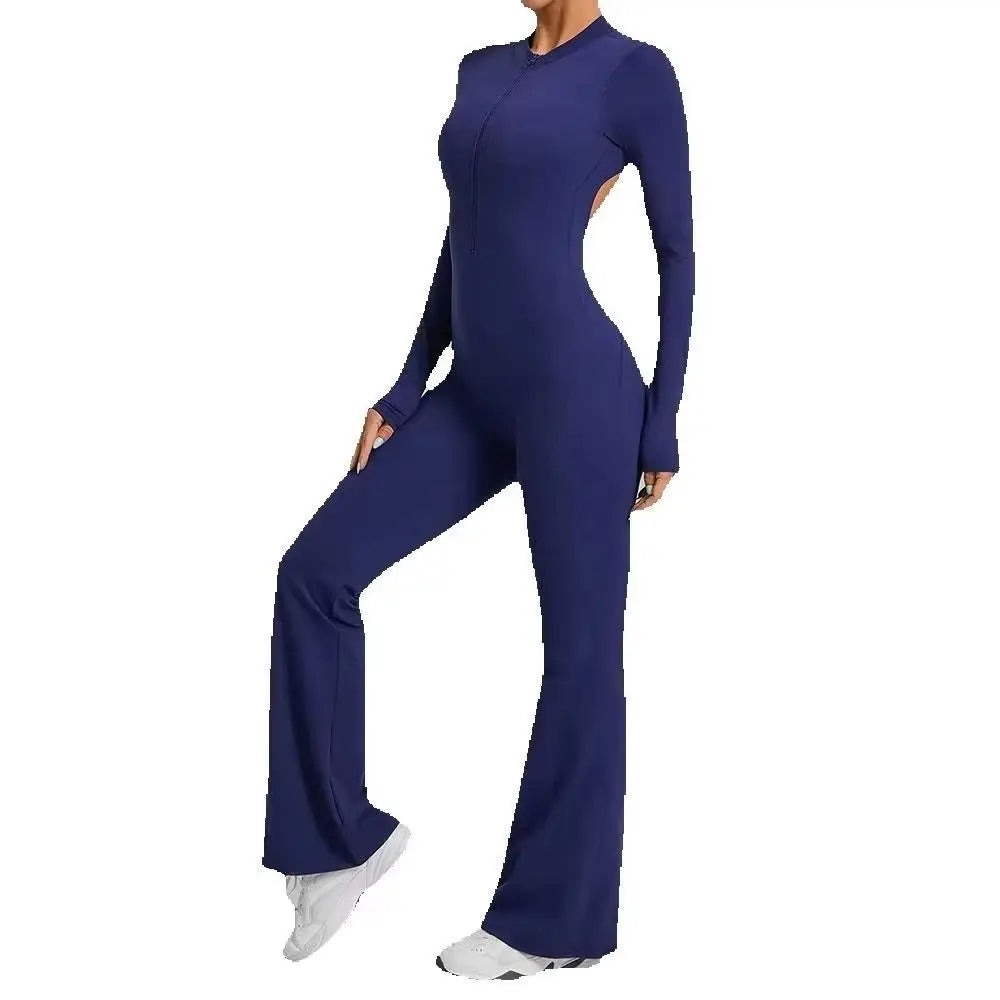 Women Long Sleeve Zip Yoga Bodysuit Cutout Back Scrunch Butt Lift Tummy Control Sweat Wicking Fabric Gym Workout Flare Jumpsuit