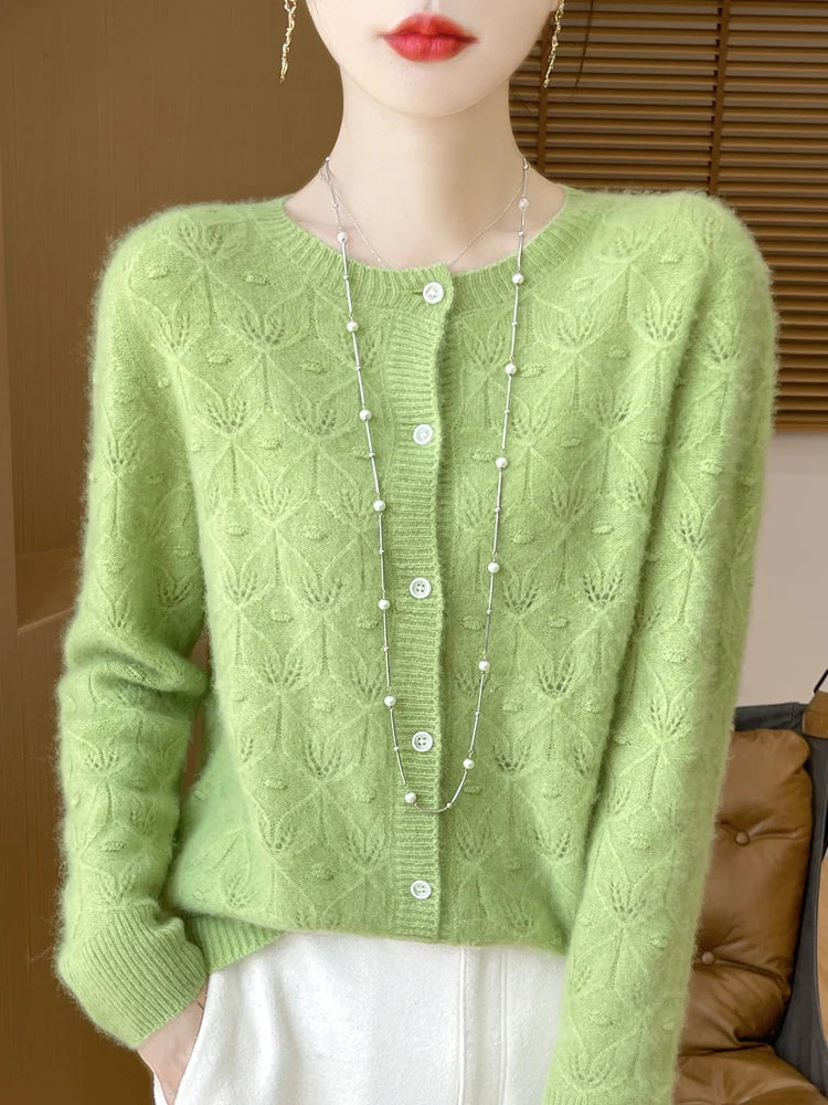 New Autumn Winter Soft Warm Cardigan Woman Cashmere Sweater O-neck Women 100% Merino Wool Sweater Loose Fit Hollow out Top Coat