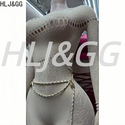 HLJ&GG Sexy Sparkling Rhinestone Hollow Bodycon One Piece Jumpsuits Women One Shoulder Long Sleeve Slim Playsuit With Chain 2025