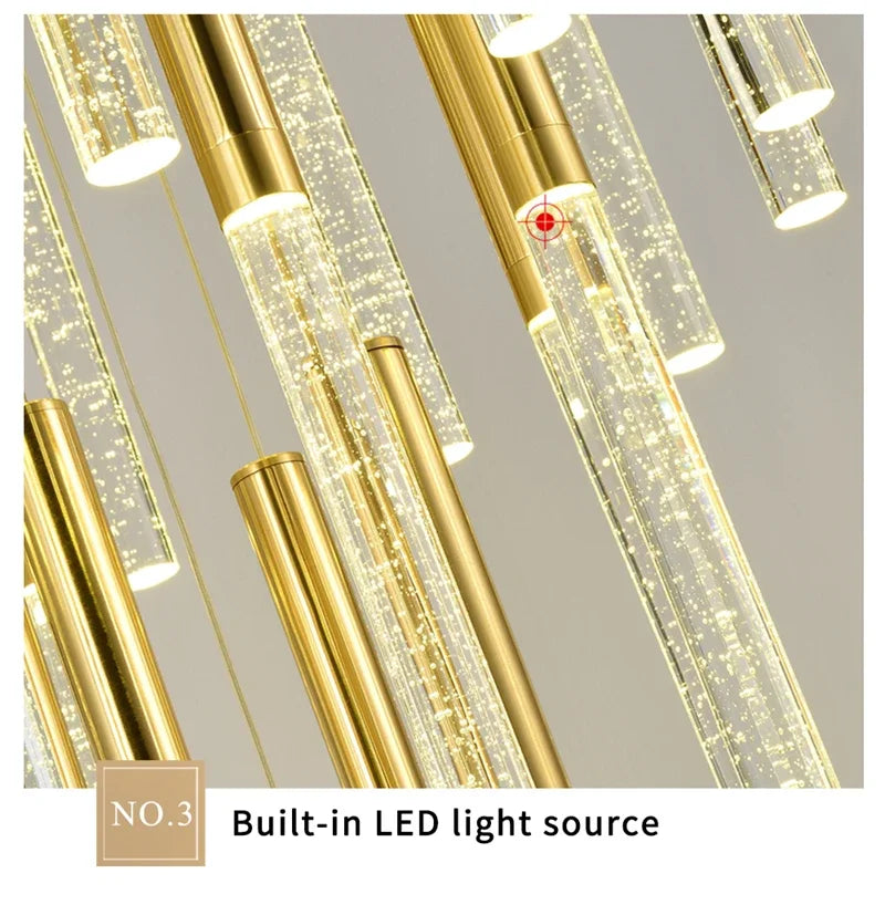 Nordic Minimalist Indoor Pendant Light Fixture Modern Ceiling Crystal Led Chandelier Long Hanging Lamp for Staircase Living Room