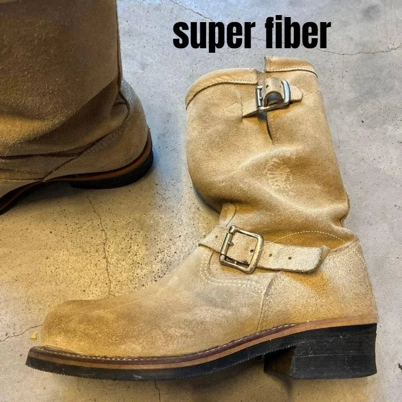 Dark Brown Suede Work Boots Men's and Women's Engineer Ort Shoes American Retro Moto Boots Faded Mid-Calf Shoes Motocross Boots