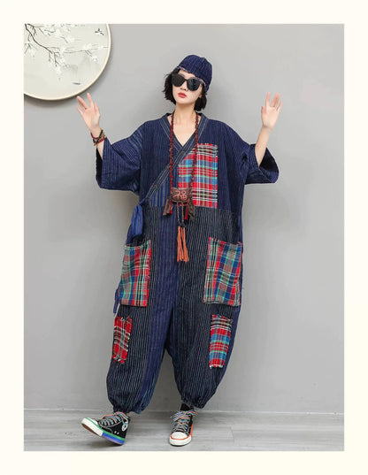 Women Plaid Jumpsuit Loose Wide Legs Short Sleeves Diagonal Buttons Straps Jumpsuit LX6229