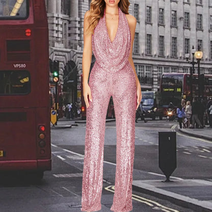Sequins Sexy Jumpsuits Women Halter Fashion Summer Party Elegant Sleeveless Female New High Waist Street Straight Rompers