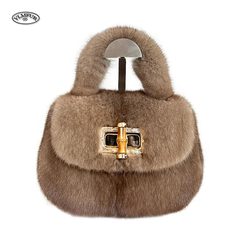 Fur Women's Mink Fur Bag Luxury Warm Plush Wrist Bags  Women Fashion Furry Short Handle Clutch Cute Ladies Fur Bags For Women