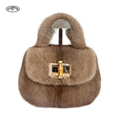 Fur Women's Mink Fur Bag Luxury Warm Plush Wrist Bags  Women Fashion Furry Short Handle Clutch Cute Ladies Fur Bags For Women