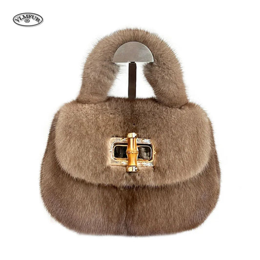 Fur Women's Mink Fur Bag Luxury Warm Plush Wrist Bags  Women Fashion Furry Short Handle Clutch Cute Ladies Fur Bags For Women