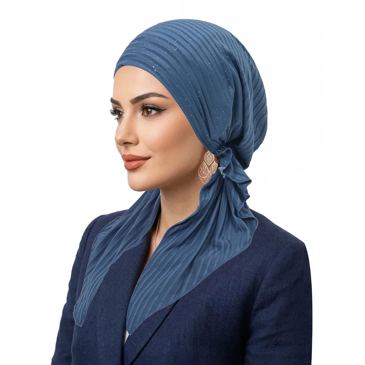 Fashion Stripes Muslim Hijab Turban Hats Long Tail Head Wraps Elastic Hijab Hats Breathable Chemo Cap For Women Girls