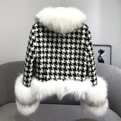 Autumn Winter Women Fur Coat Luxury Warm Short Thousand Bird Check Fur Collar Faux Fur Jackets Fashion Adjustable Waist Coats