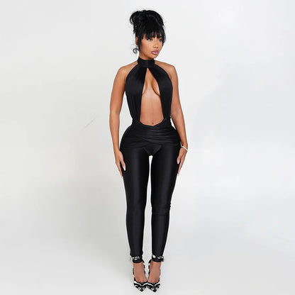 Halter Backless Jumpsuit Woman Sexy Hollow Fit Patchwork Waist Ruched Midnight Activity Workout Streetwear Overalls