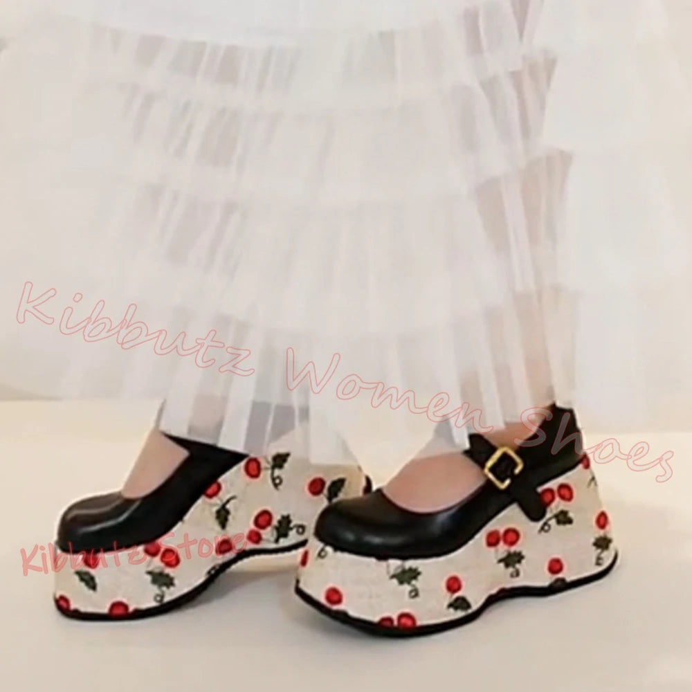 Mary Jane Pumps Cherries Platform Mixed Color Leather Belt Buckle for Women Shoes Round Toe Height Increasing Elegant Sexy New