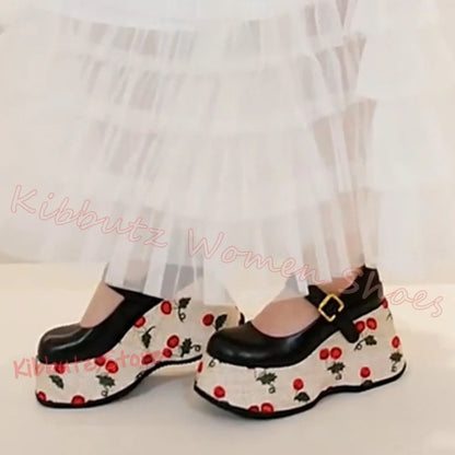 Mary Jane Pumps Cherries Platform Mixed Color Leather Belt Buckle for Women Shoes Round Toe Height Increasing Elegant Sexy New