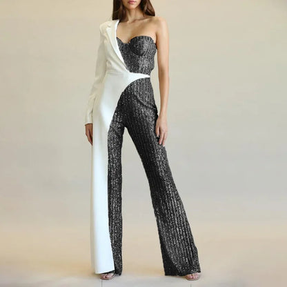 Women One Long Sleeve Strapless Sequined Blazer Wide Leg Jumpsuits 2025 Evening Party One Piece Set Romper Playsuit