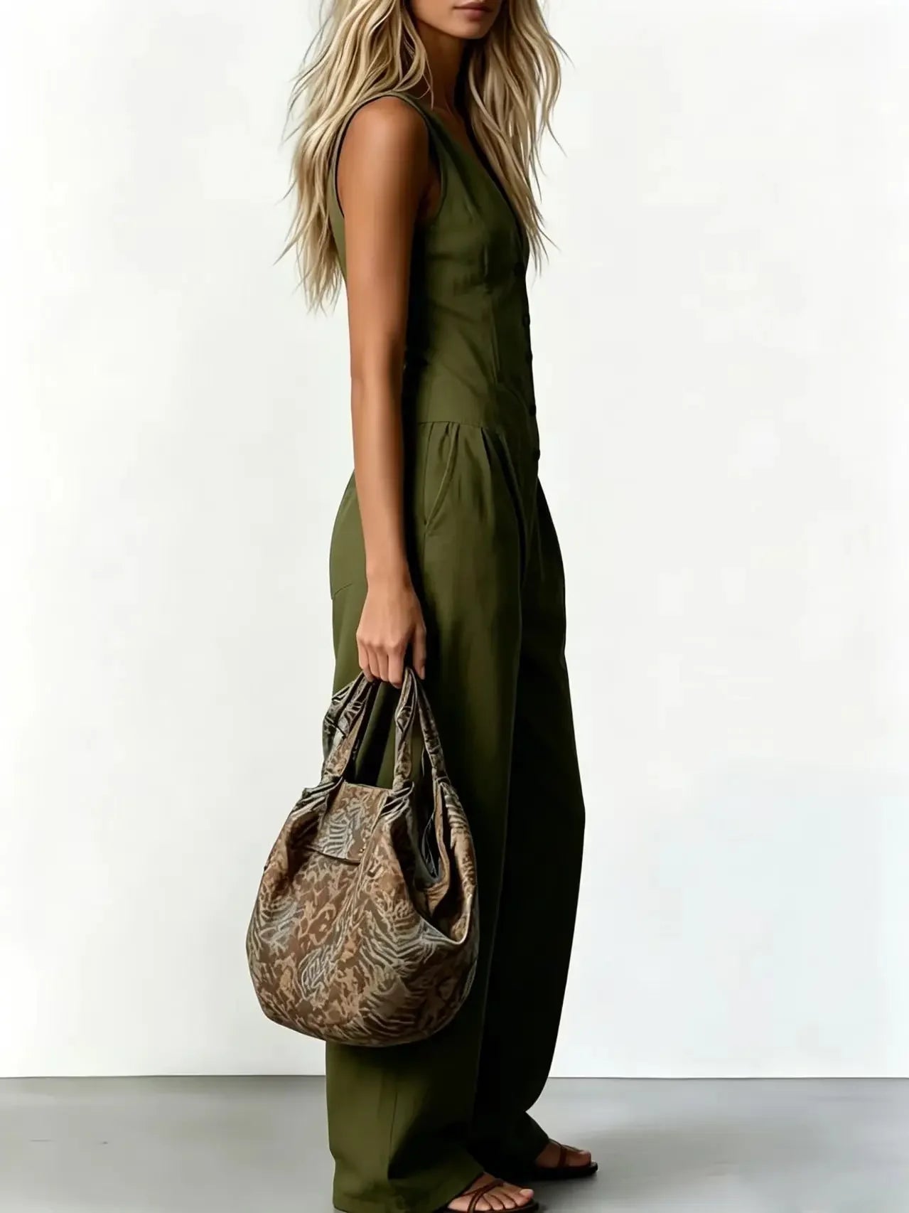 Women V Neck Spaghetti Strap Jumpsuit High Waist Pleated Wide Leg Long Pants with Pockets Casual Vacation Solid Overalls