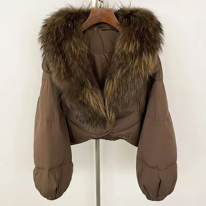 Winter Female White Duck Down Jacket Luxury Loose Short Fashion Casual Women Warm Real Fox Fur Coat Long Sleeve Puffer Jacket