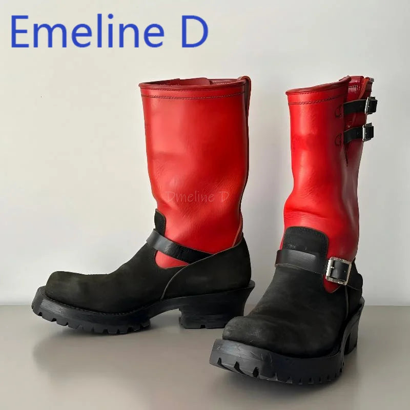 Color Blocked Upturned Western Cowboy Boots Fashionable Leather Splicing Design for Men and Women Square Headed Knight Boots