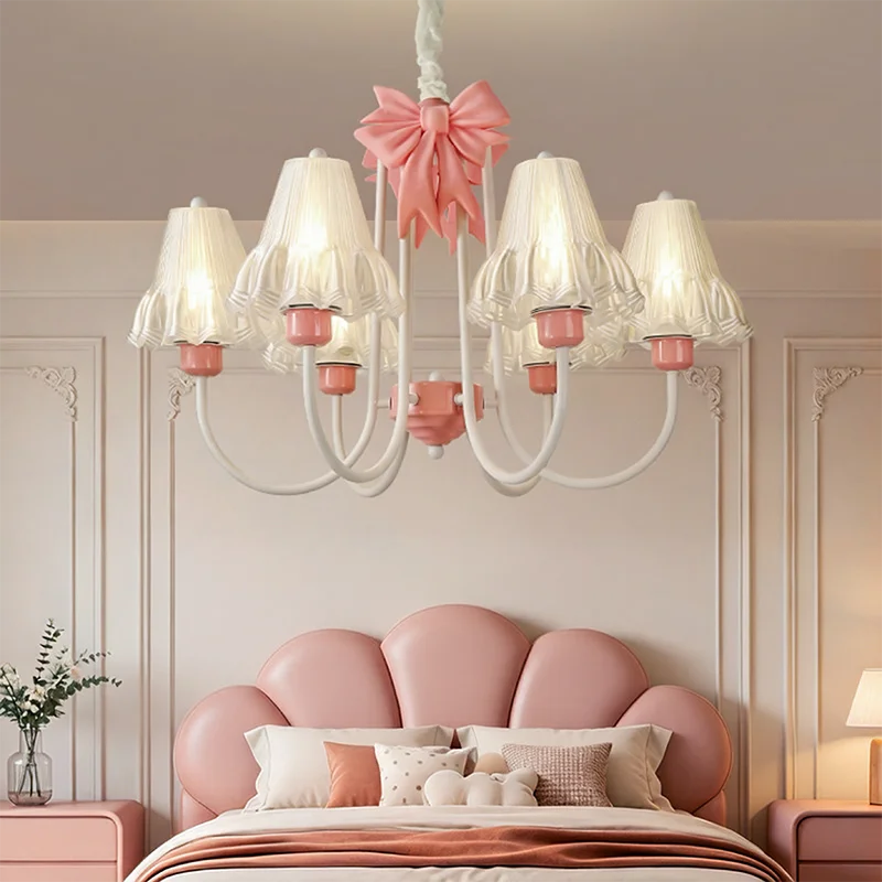 Romantic Princess Room Pink Chandelier Lamps French Bow Tie Pendant Light LED E27 Kids Girl Baby Bedroom Ceiling Chandelier Lamp