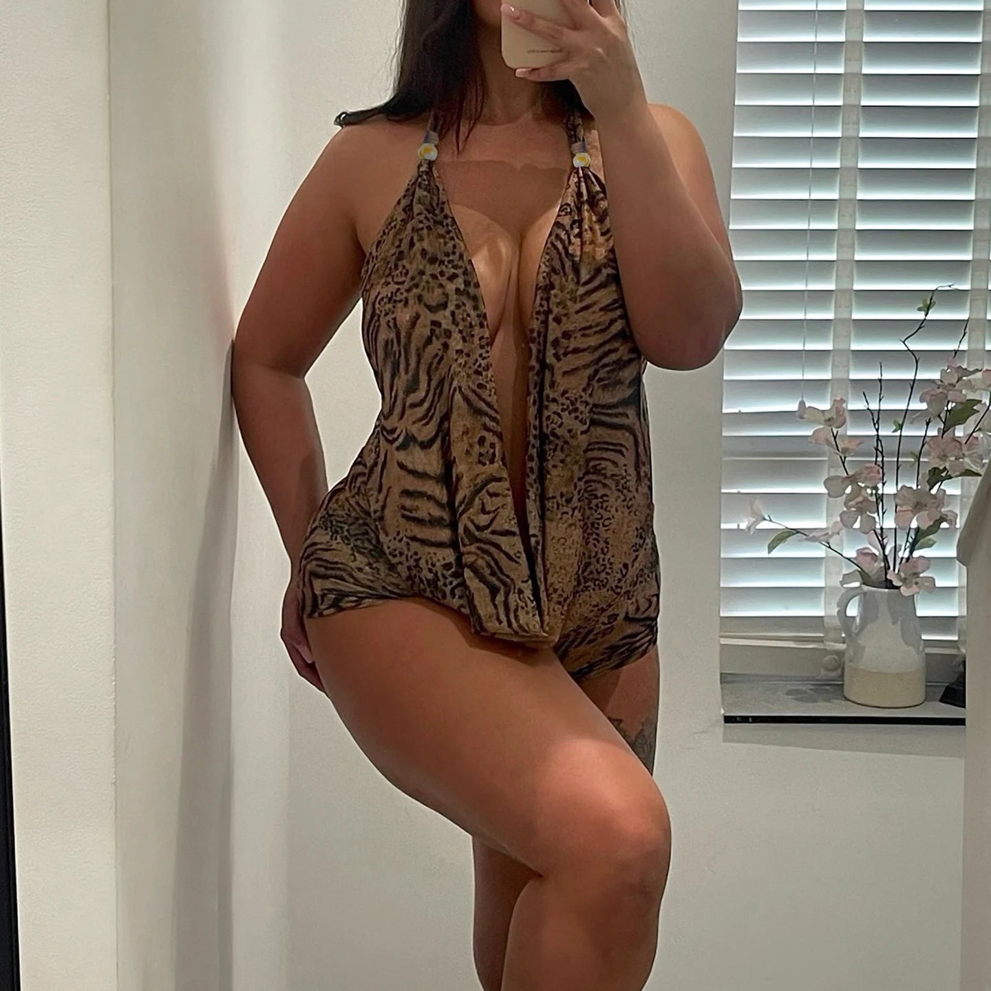 SUCHCUTE Woman Leopard Print 2 Piece Set Outfit Halter Deep V-neck Backless Crop Top & Low-Rise Shorts Sexy 2pcs Summer Clothes