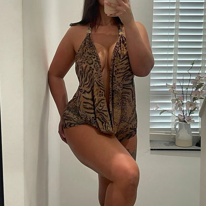 SUCHCUTE Woman Leopard Print 2 Piece Set Outfit Halter Deep V-neck Backless Crop Top & Low-Rise Shorts Sexy 2pcs Summer Clothes