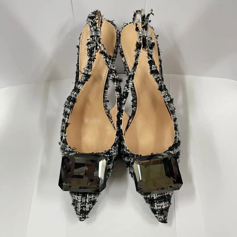 Luxury Diamonds Brand High Heels Women Sexy Pointed Toe Pumps Jewelry Sandals Ladies Elegant  Backless Party Dress Shoes Female