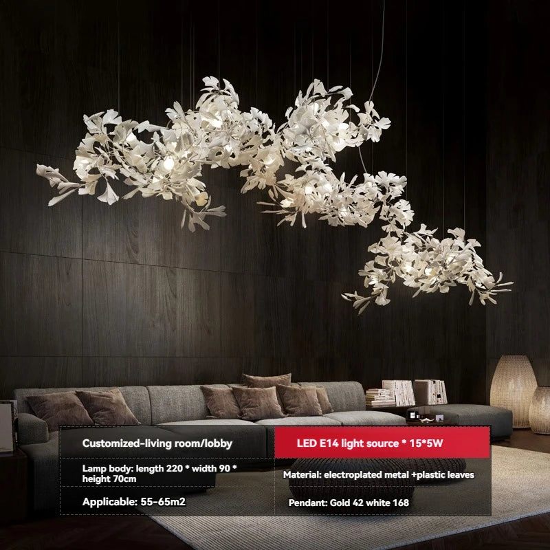 Ginkgo Leaves Loft Hanging Chandelier Light For High Ceiling Staircase Living Dining Room Modern White Porcelain Leaf Chandelier