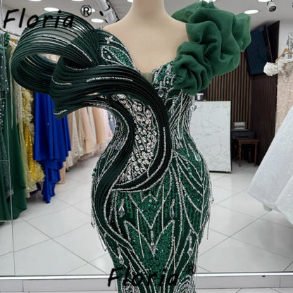 Dark Green Dubai Women Celebrity Party Dress Crystal Silver Mermaid Wedding Event Gown Guest Beads Vestidos de gala Customized