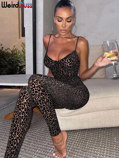 Weird Puss Leopard Print Sexy Skinny Women Jumpsuit Sleeveless Backless Fit Workout Activewear Party Nightclub Stretch Outfits
