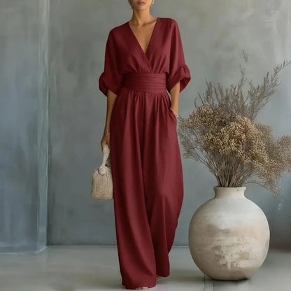 Women's One Piece Jumpsuits Casual V-Neck Short Sleeve Wide Leg Rompers Summer High Waist Beach Vacation Outfits with Pockets