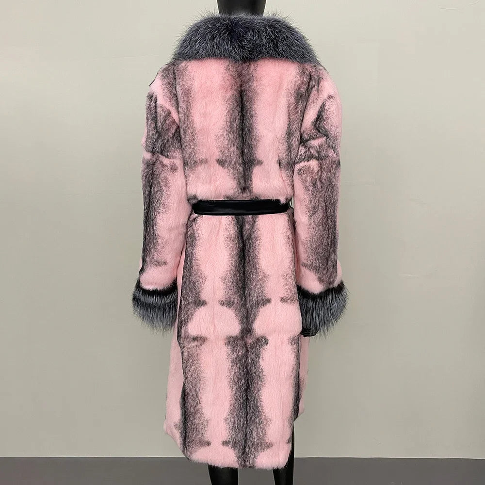 2024 New Autumn Winter Thickened Fur Coat for Women Rabbit Fur One-piece Long Style Real Fox Fur Collar Fashion Warm Coat Women