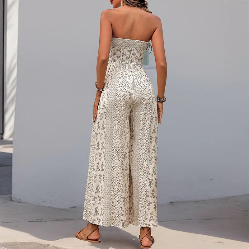 Cotton Rayon Floral Printed Sexy Strapless Jumpsuit Women Casual Bow Boho Beach Summer One Piece Women's Jumpsuits Bohemian
