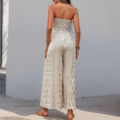 Cotton Rayon Floral Printed Sexy Strapless Jumpsuit Women Casual Bow Boho Beach Summer One Piece Women's Jumpsuits Bohemian