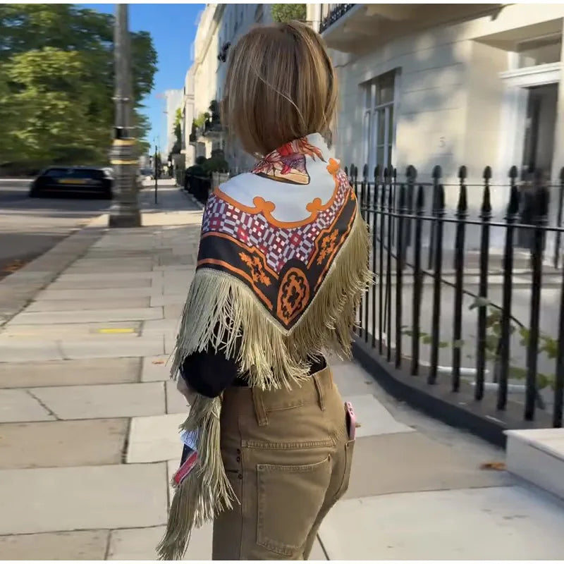 Fashion Vintage Printed Tassel Square Scarf Women Fringe Patchwork Shawl Waist Seal Accessories 2026 Spring Summer Street Shawls