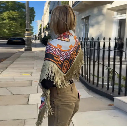 Fashion Vintage Printed Tassel Square Scarf Women Fringe Patchwork Shawl Waist Seal Accessories 2026 Spring Summer Street Shawls