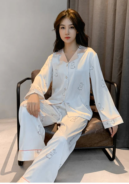 Women's Ice Silk Pajama Set Long Sleeve Long Pants Lightweight Sleepwear for Spring And Autumn Comfortable Homewear Pj Set