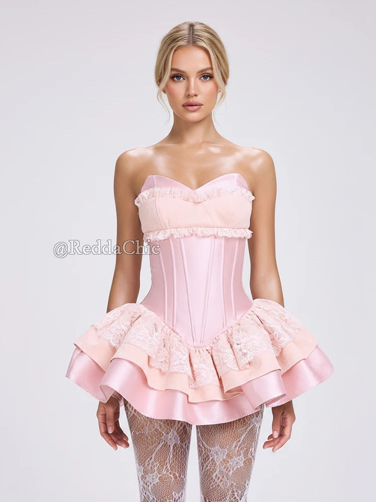 REDDACHiC Tiered Ruffle Mini Party Dress Lolita OP Lace Splice Satin Corset Boned Strapless Desire One-piece Party Women Clothes