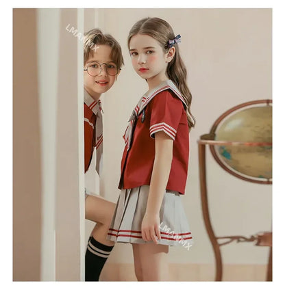 Kid Korean Japanese Striped School Uniform for Girls Boys Sailor Collar T Shirt Pleated Skirt Shorts Bow Clothes Student Outfit